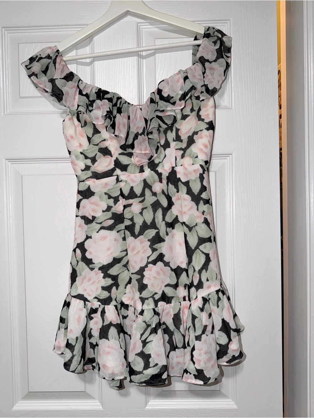 Floral Off-Shoulder Mini Dress in Pink and Green